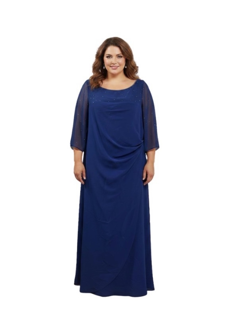 Plus Size Navy Evening Gown with Sheer Beaded Sleeves